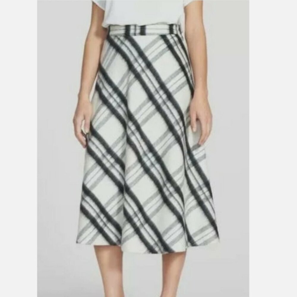 NWT Classiques Entier Women's Ivory/Black‎ Plaid Wool Blend Midi Skirt Size 14